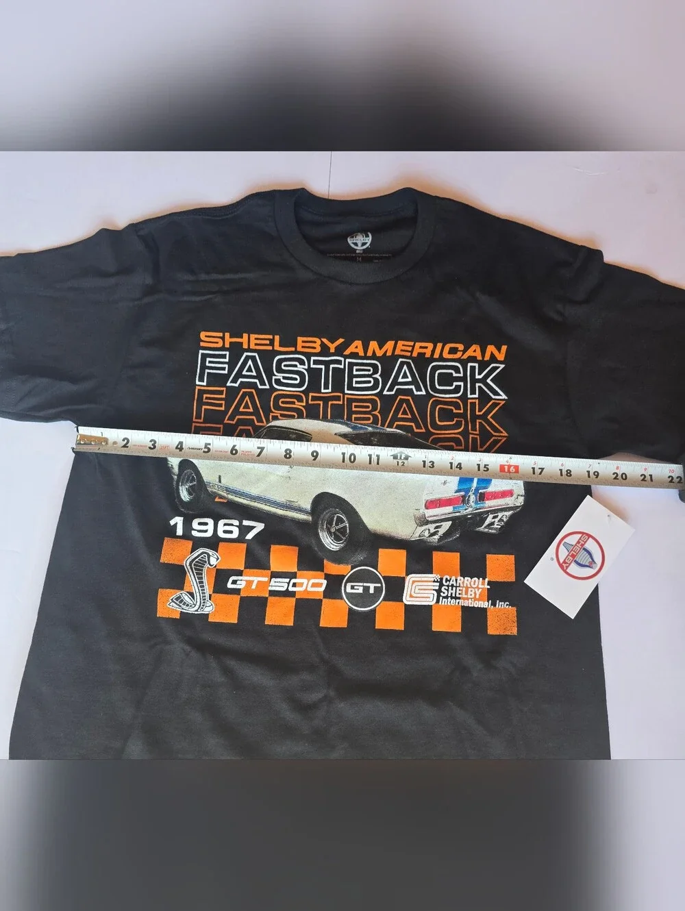 Shelby Black Fastback Graphic Tee with Orange and White Accents